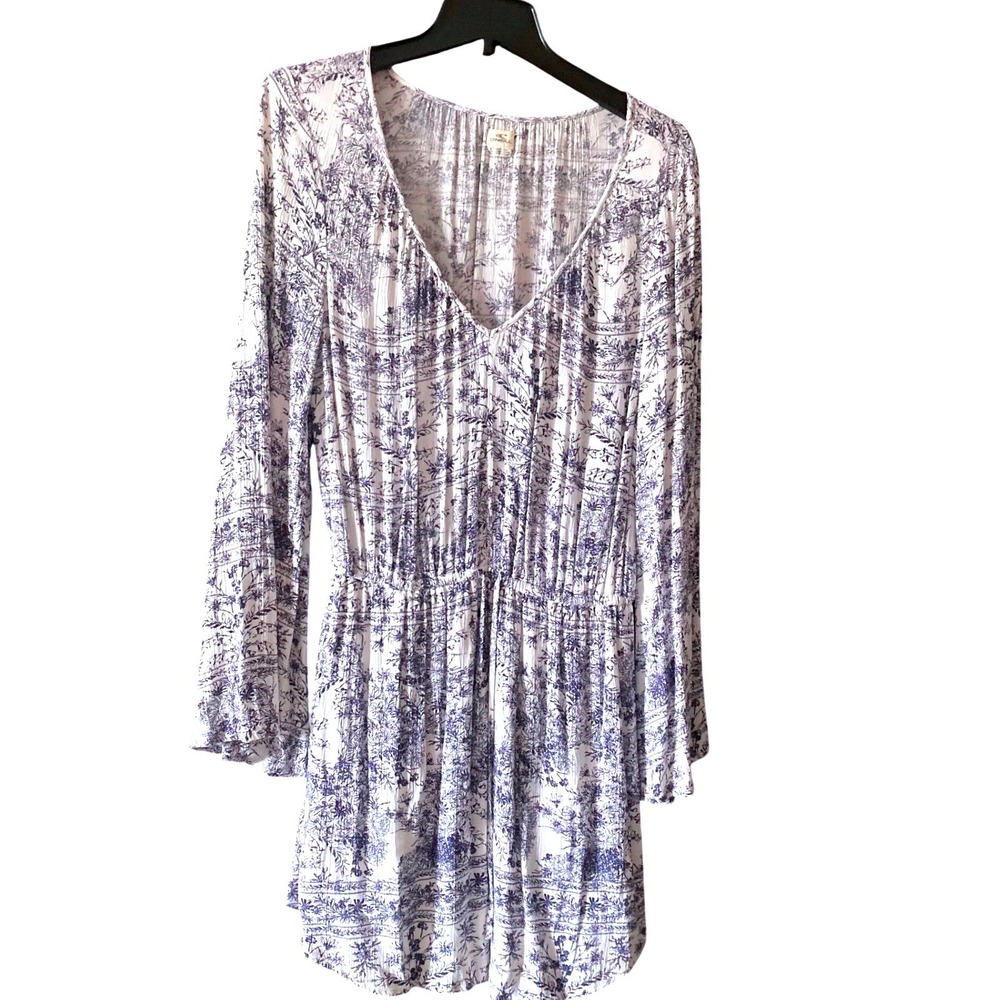 O'Neill‎ Mini Dress Floral Print Long Sleeve V Neck White Blue Size L